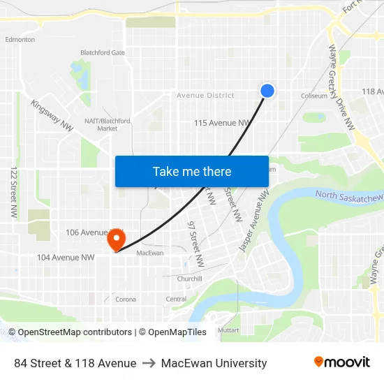 84 Street & 118 Avenue to MacEwan University map
