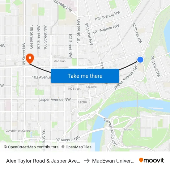 Alex Taylor Road & Jasper Avenue to MacEwan University map
