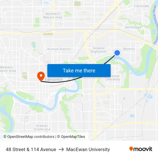 48 Street & 114 Avenue to MacEwan University map
