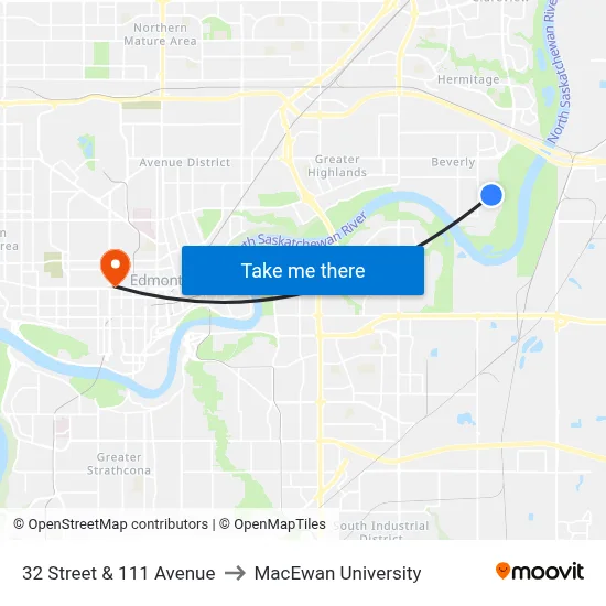 32 Street & 111 Avenue to MacEwan University map