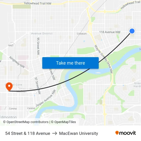 54 Street & 118 Avenue to MacEwan University map