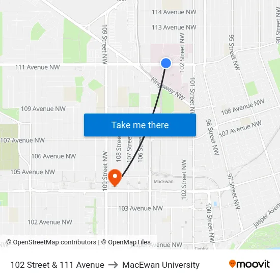 102 Street & 111 Avenue to MacEwan University map