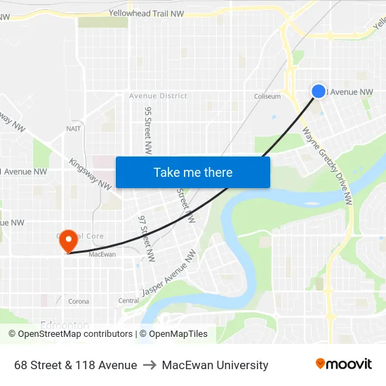 68 Street & 118 Avenue to MacEwan University map