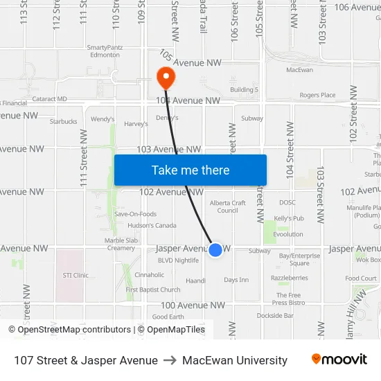 107 Street & Jasper Avenue to MacEwan University map