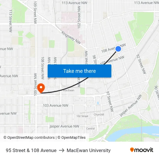 95 Street & 108 Avenue to MacEwan University map