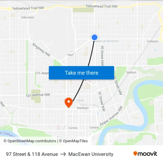 97 Street & 118 Avenue to MacEwan University map