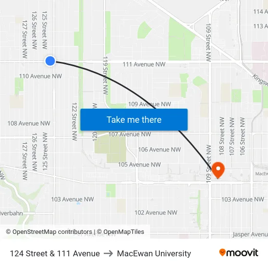 124 Street & 111 Avenue to MacEwan University map