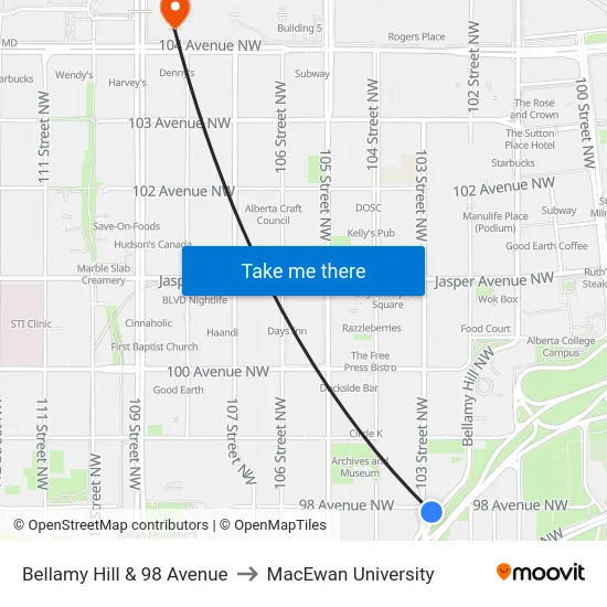 Bellamy Hill & 98 Avenue to MacEwan University map