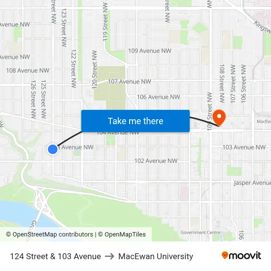124 Street & 103 Avenue to MacEwan University map