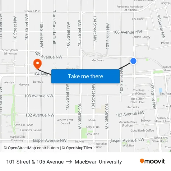 101 Street & 105 Avenue to MacEwan University map