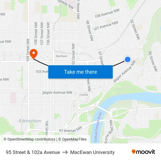 95 Street & 102a Avenue to MacEwan University map
