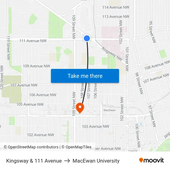 Kingsway & 111 Avenue to MacEwan University map