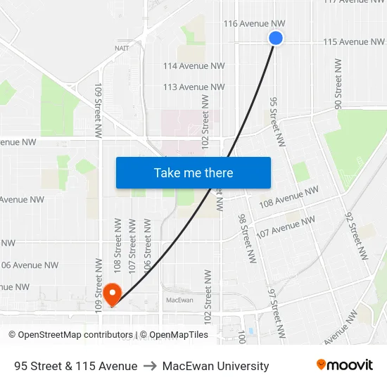 95 Street & 115 Avenue to MacEwan University map