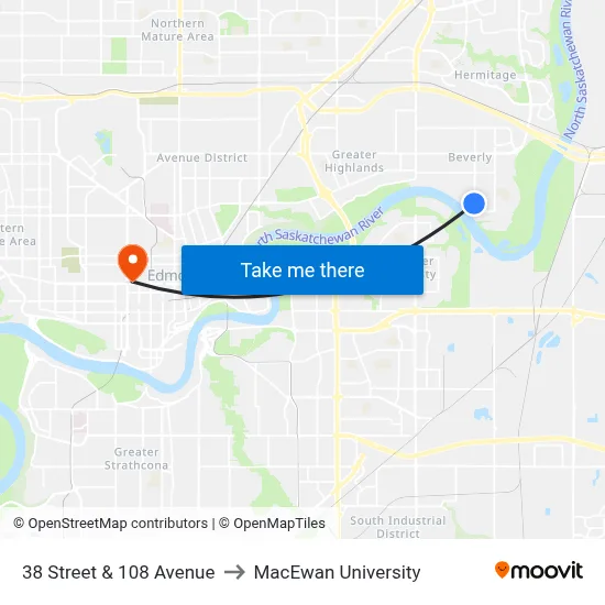 38 Street & 108 Avenue to MacEwan University map