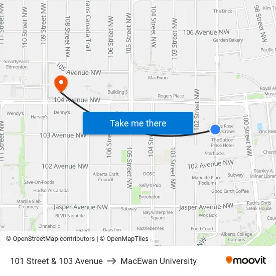 101 Street & 103 Avenue to MacEwan University map