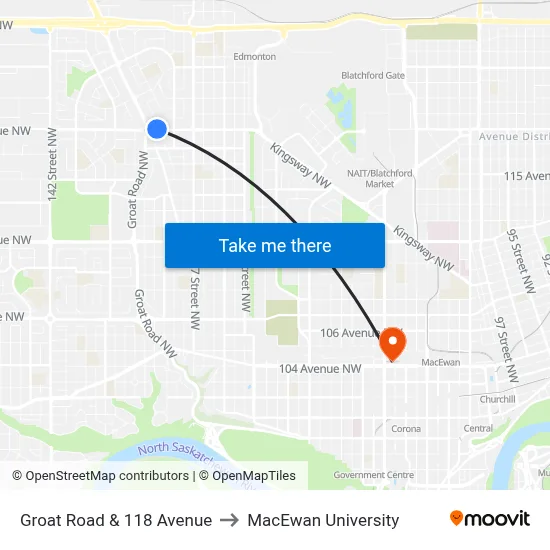 Groat Road & 118 Avenue to MacEwan University map