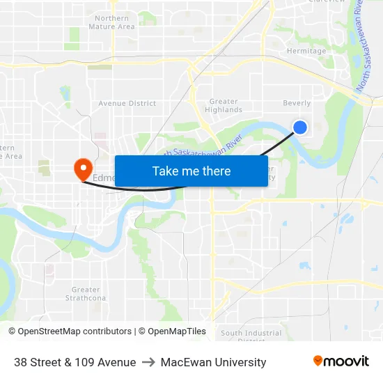 38 Street & 109 Avenue to MacEwan University map