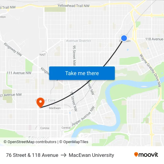 76 Street & 118 Avenue to MacEwan University map