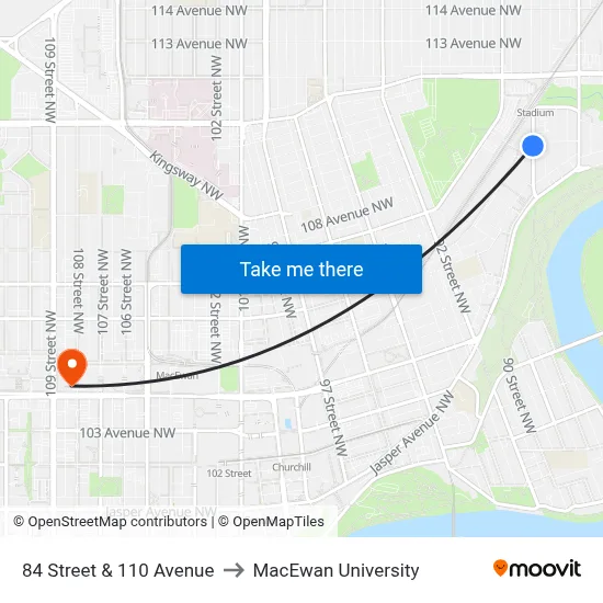 84 Street & 110 Avenue to MacEwan University map