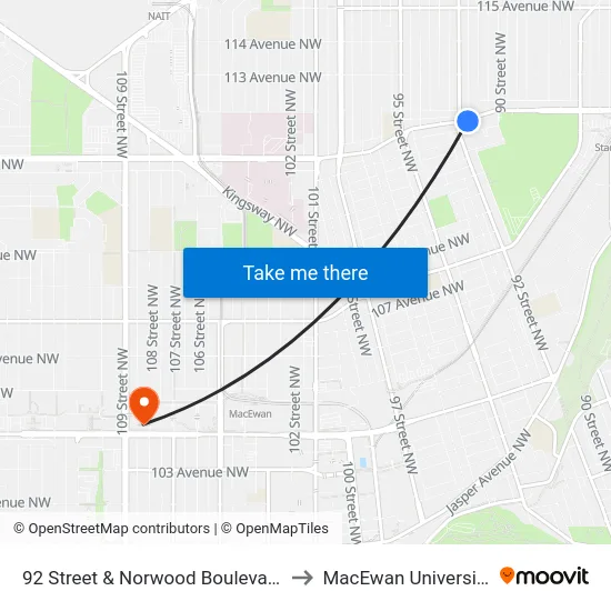 92 Street & Norwood Boulevard to MacEwan University map