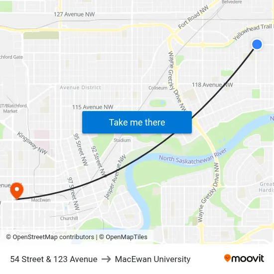 54 Street & 123 Avenue to MacEwan University map