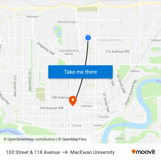 103 Street & 118 Avenue to MacEwan University map