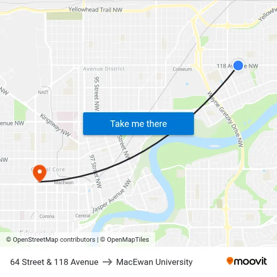 64 Street & 118 Avenue to MacEwan University map