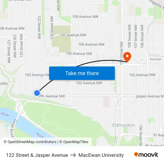 122 Street & Jasper Avenue to MacEwan University map
