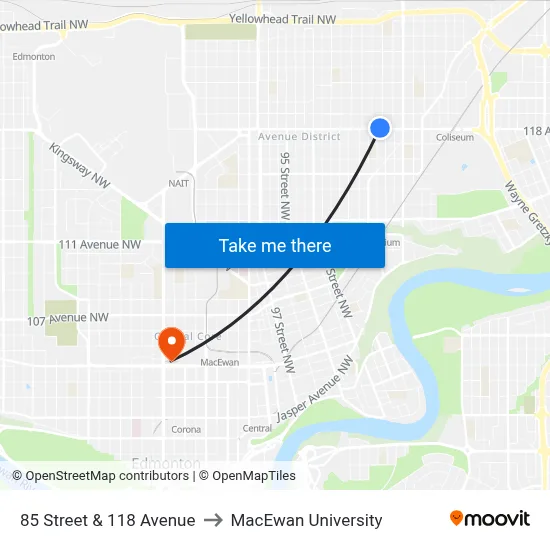 85 Street & 118 Avenue to MacEwan University map