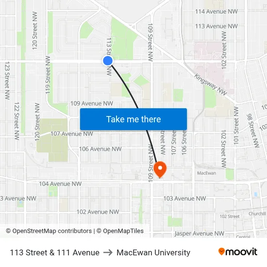 113 Street & 111 Avenue to MacEwan University map