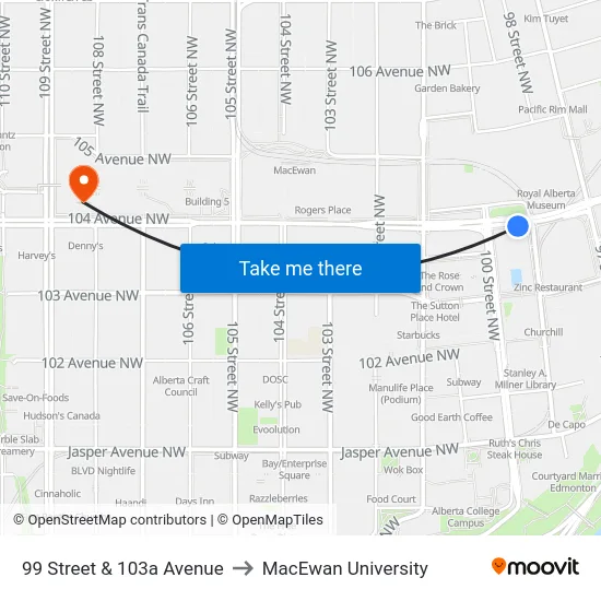 99 Street & 103a Avenue to MacEwan University map