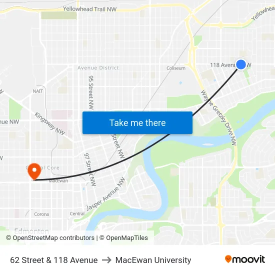 62 Street & 118 Avenue to MacEwan University map