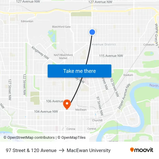 97 Street & 120 Avenue to MacEwan University map