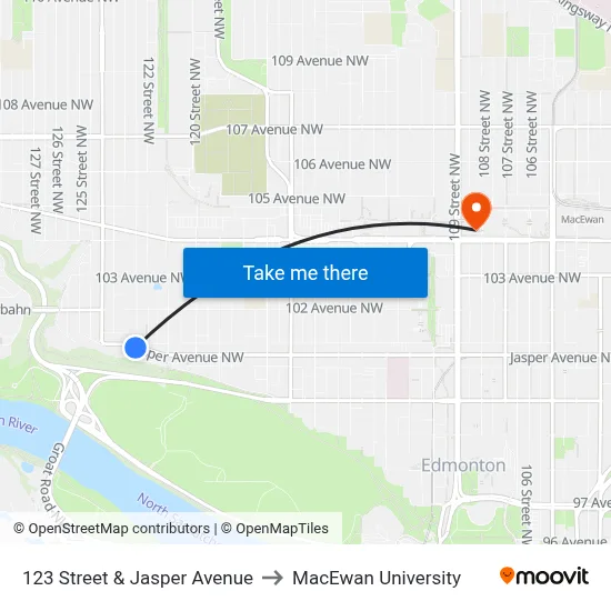 123 Street & Jasper Avenue to MacEwan University map
