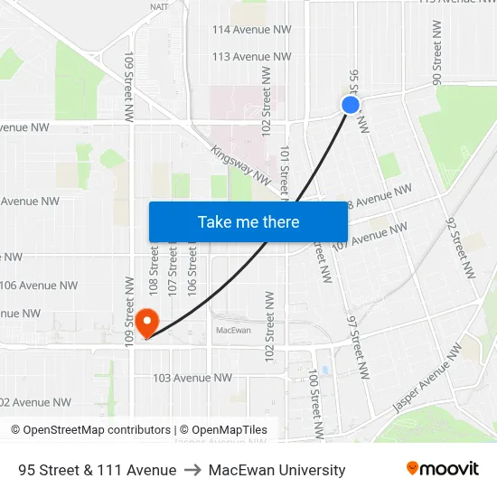 95 Street & 111 Avenue to MacEwan University map