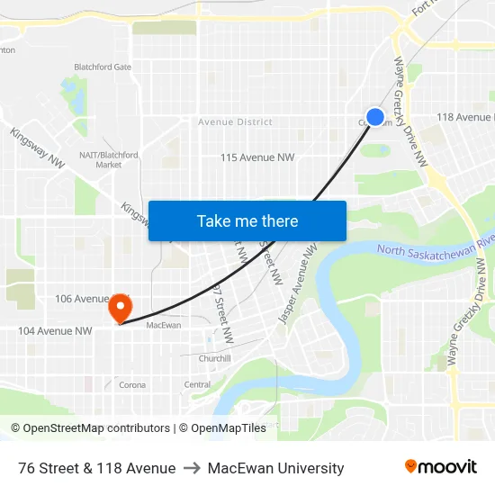 76 Street & 118 Avenue to MacEwan University map