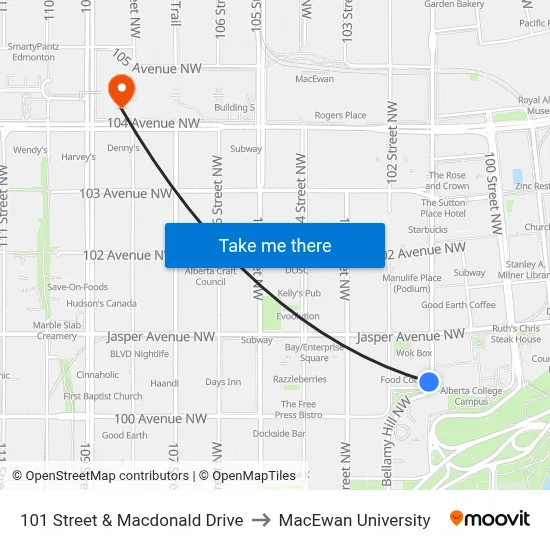 101 Street & Macdonald Drive to MacEwan University map