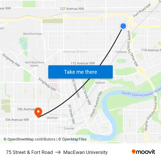 75 Street & Fort Road to MacEwan University map