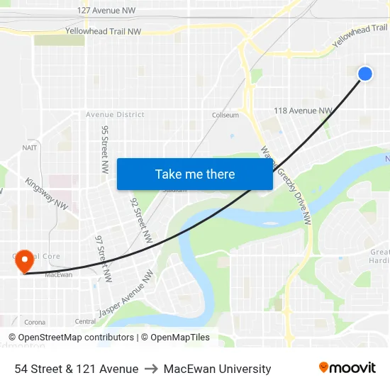 54 Street & 121 Avenue to MacEwan University map