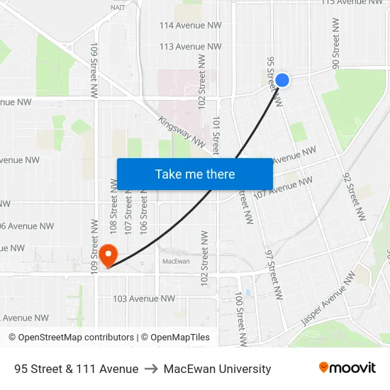 95 Street & 111 Avenue to MacEwan University map