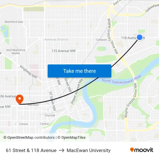 61 Street & 118 Avenue to MacEwan University map