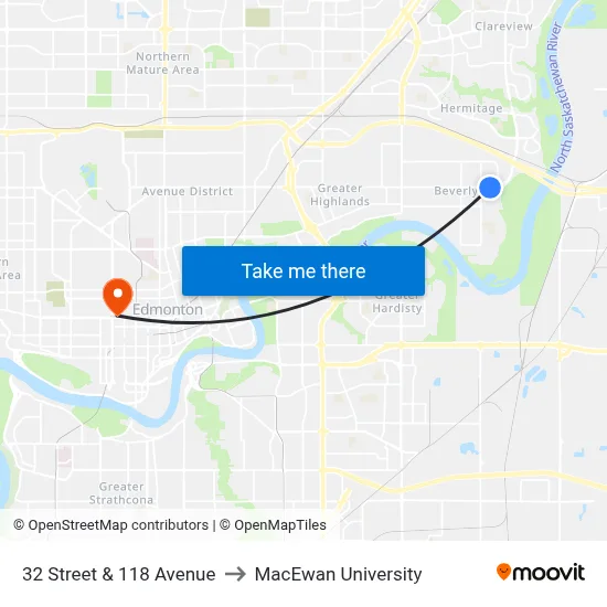 32 Street & 118 Avenue to MacEwan University map