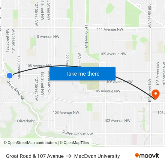 Groat Road & 107 Avenue to MacEwan University map