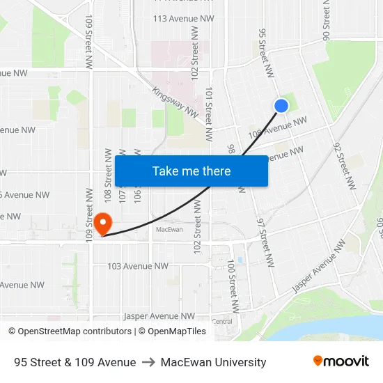 95 Street & 109 Avenue to MacEwan University map