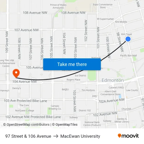 97 Street & 106 Avenue to MacEwan University map