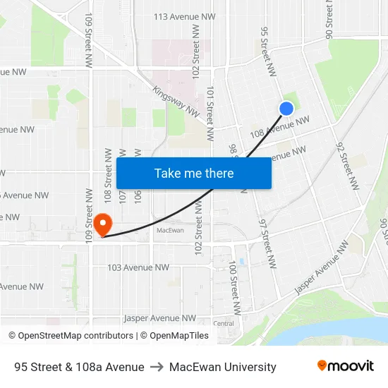 95 Street & 108a Avenue to MacEwan University map