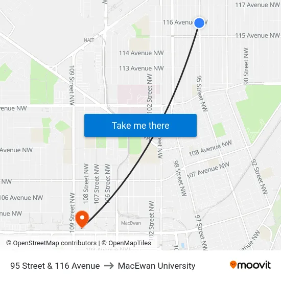 95 Street & 116 Avenue to MacEwan University map