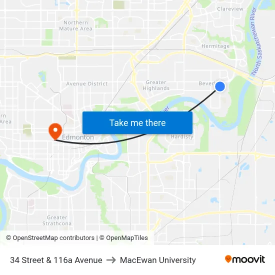 34 Street & 116a Avenue to MacEwan University map