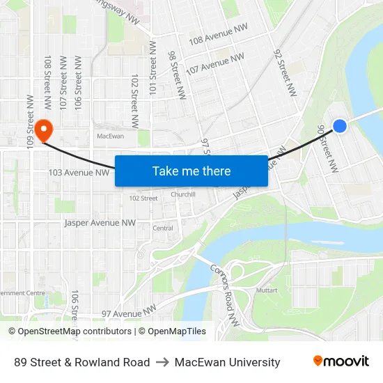 89 Street & Rowland Road to MacEwan University map
