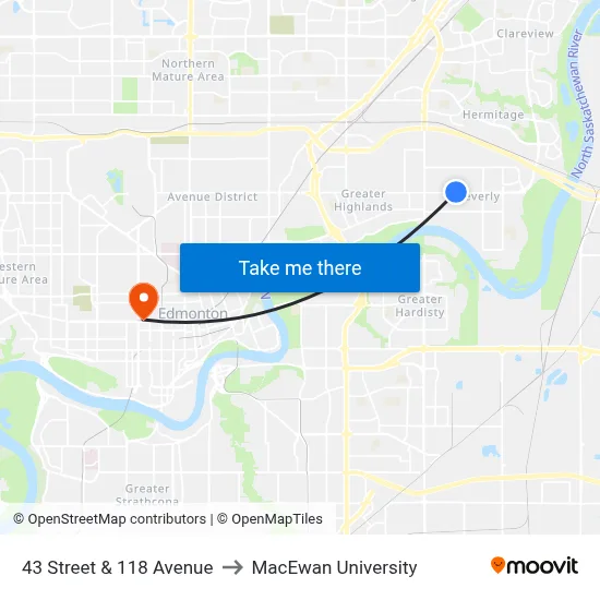 43 Street & 118 Avenue to MacEwan University map